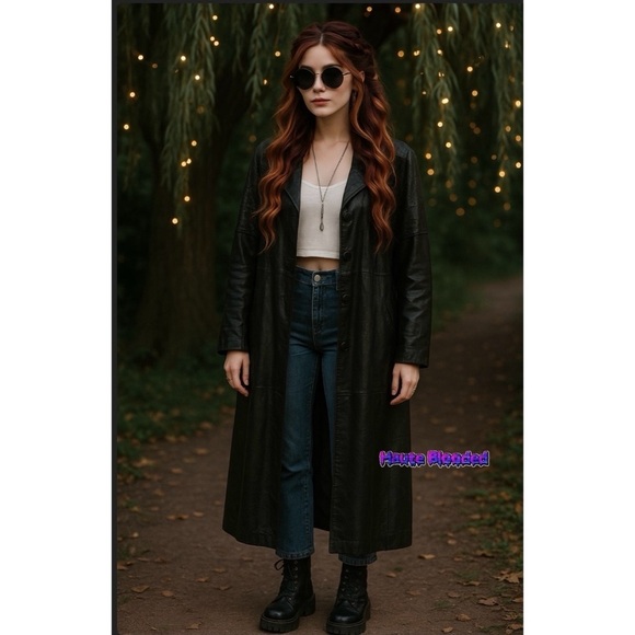 Pelle Jackets & Blazers - Vintage 90's Long Black Leather Trench Coat Holographic Boho Print Floor Length